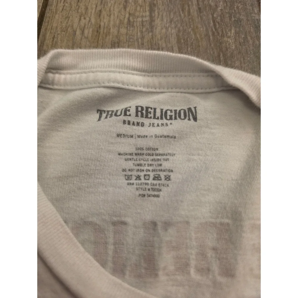 True Religion Mens White Buddha Graphic T-Shirt Medium Metallic Horseshoe Logo